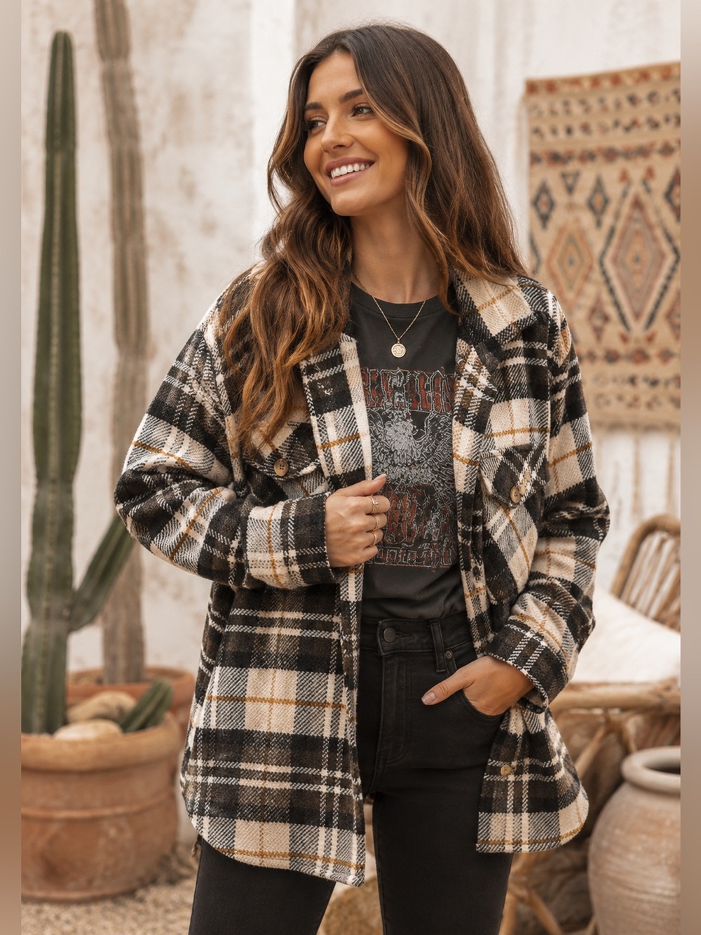 Boho Neutral Plaid Oversized Shacket Jacket Button Front Cozy Layering Piece - Picture 2 of 7